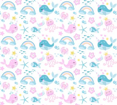 Little whale unicorn, seamless pattern, modern cartoon style. illustration