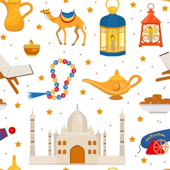 Ramadan kareem seamless pattern with arabic design elements camel, quran, lanterns, rosary, food, mosque. illustration.