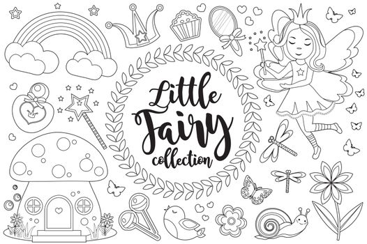 Cute little fairy set Coloring book page for kids. Collection of design element sketch outline style. Kids baby clip art funny smiling kit. illustration.