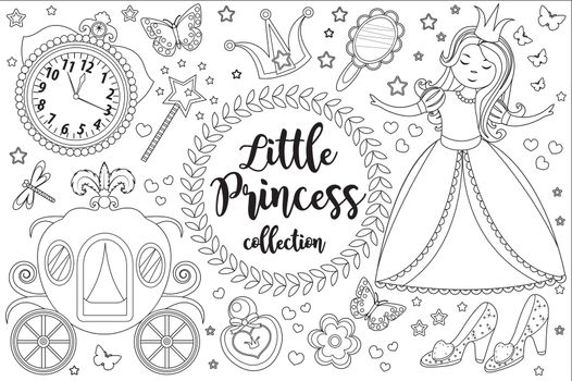 Cute little princess Cinderella set Coloring book page for kids. Collection of design element sketch outline style. Kids baby clip art funny smiling kit. illustration.