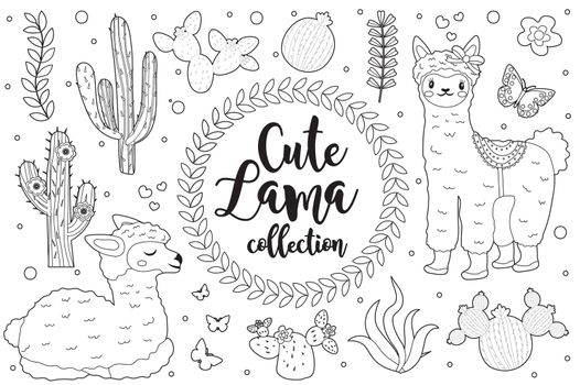 Cute little llama set Coloring book page for kids. Collection of design element sketch outline style. Kids baby clip art funny smiling kit. illustration.