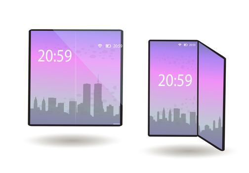 Foldable phone, smartphone with a flexible screen in the folded and unfolded position. A tablet device with a bent display, modern technology. illustration.