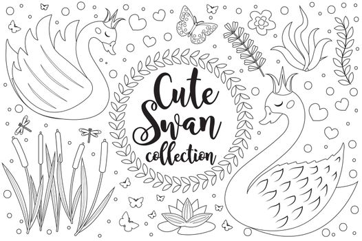 Cute swan set Coloring book page for kids. Collection of design element sketch outline style. Kids baby clip art funny smiling kit. illustration.