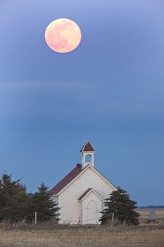 Full Pink Moon and Country Church Saskatchewan