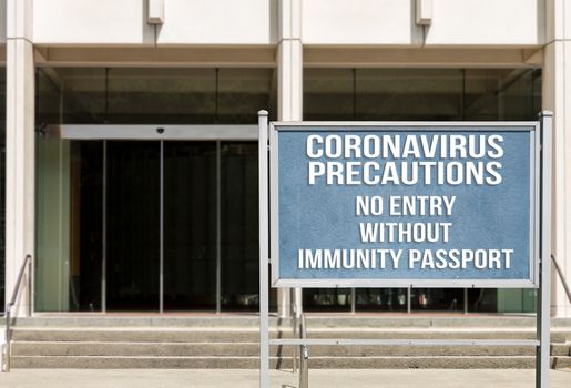 Mockup of entrance to office with sign of no entry without immunity passport or certificate to coronavirus
