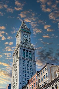 Old clock tower in Boston against a clear blue sky