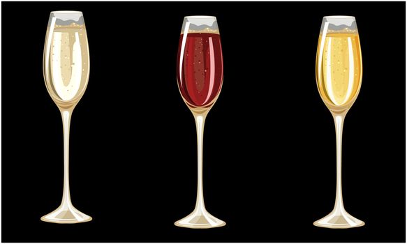 different champagne glasses on dark background