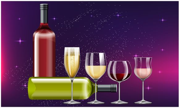 collection of wine glasses and bottle on abstract background