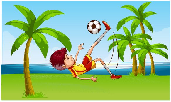 boy playing football on beach garden