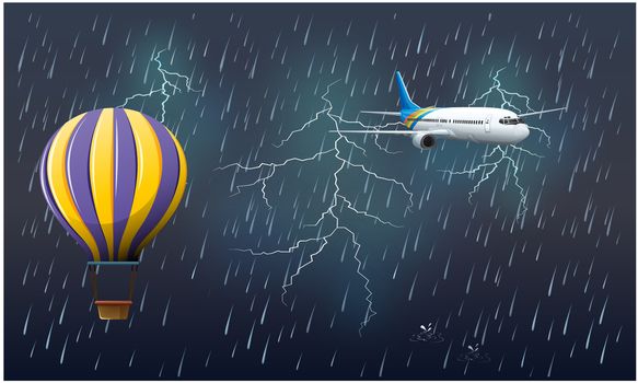 hot air balloon and airplane flying thunderstorm background