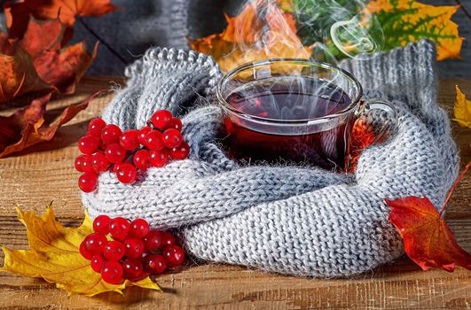 Tea with a viburnum. Autumn maple leaves on a wooden table next to a knitted scarf.