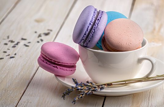 Multicolored macaroon in white cup on saucer with lavender on wooden table