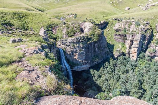 The Gudu Falls near Mahai in the Drakensberg as seen from Ploughmans Kop