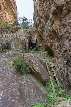 A wooden ladder in the Crack near Mahai in the Drakensberg