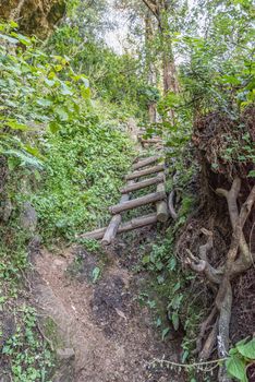 Ladders on the Mudslide hiking trail to the top of Ploughmans Kop near Mahai in the Drakensberg