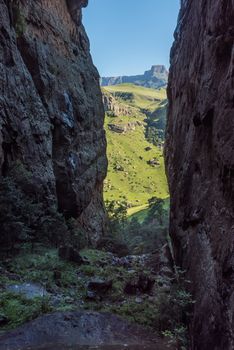 View from the Crack near Mahai in the Drakensberg. The Sentinel and part of the Amphitheatre are visible