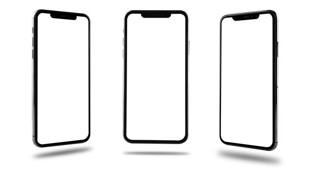 Closeup modern digital black Smartphone mobile mockup blank screen three position front and side isolated on white background, no clipping path