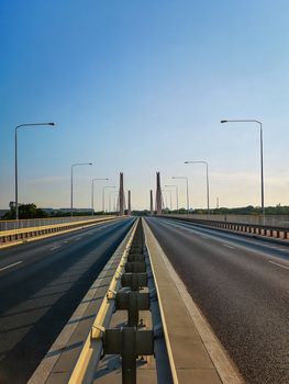 Steel barrier in center of street over Millennium bridge in Wroclaw city