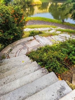 Stone stairs in colorful park in Wroclaw City