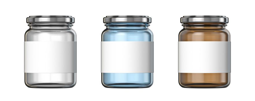 White, blue and brown big glass jars white label 3D render illustration isolated on white background