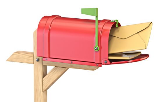 Mailbox with flag up full of mails 3D render illustration isolated on white background