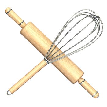 Wooden rolling pin and metal wire steel whisk 3D render illustration isolated on white background