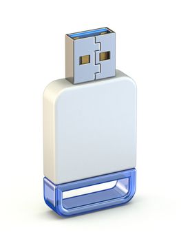 White blue USB memory stick standing 3D render illustration isolated on white background