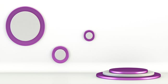 Purple mock up podium with circle frames 3D render illustration on white background