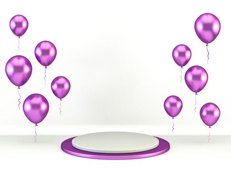 Purple white podium with purple balloons 3D render illustration on white background