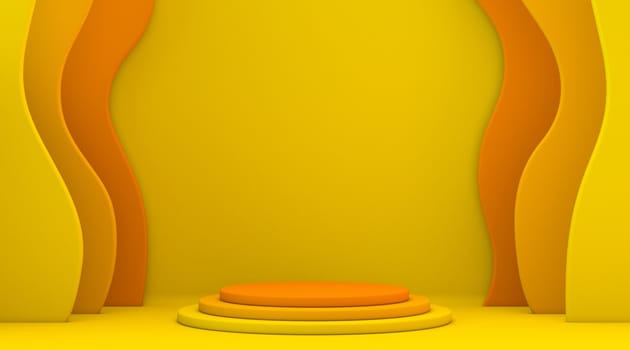 Abstract shape yellow orange mock up winner podium 3D render illustration on yellow background