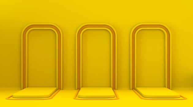 Three yellow orange mock up winner podium frame 3D render illustration on yellow background