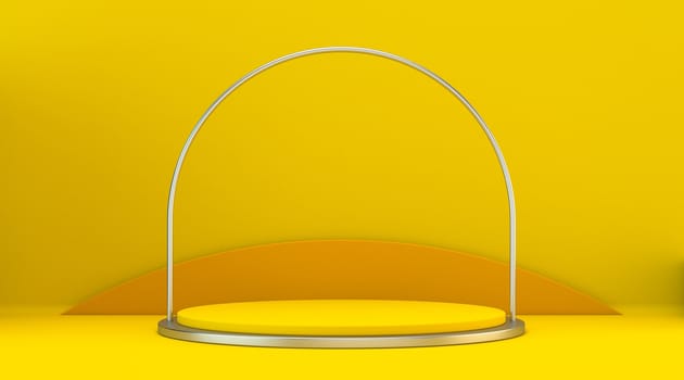 Yellow orange mock up winner podium with metal frame 3D render illustration on yellow background