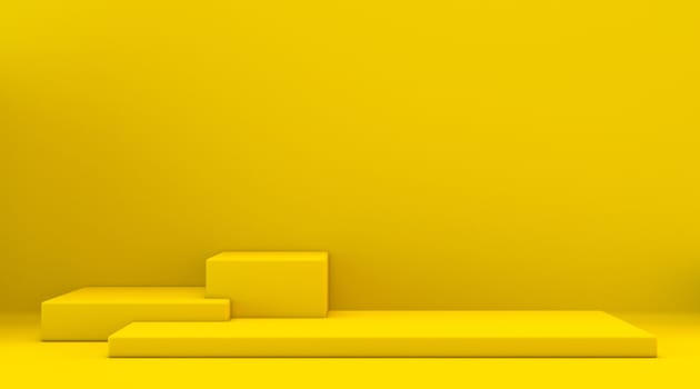 Yellow cubes stage 3D render illustration on yellow background