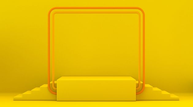 Orange frame with stairs stage 3D render illustration on yellow background