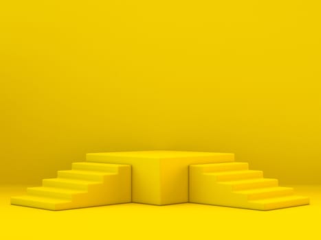 Symmetrical yellow winner podium 3D render illustration on yellow background