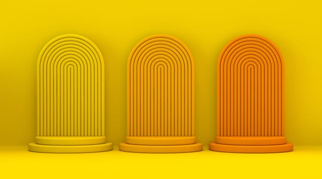 Three gradient yellow orange podium 3D render illustration on yellow background