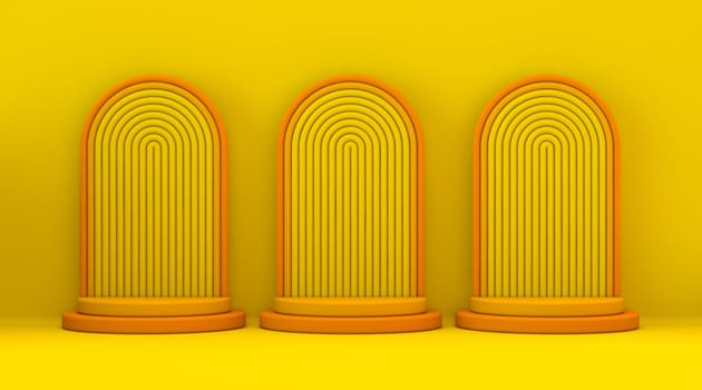 Three yellow orange podium frame 3D render illustration on yellow background