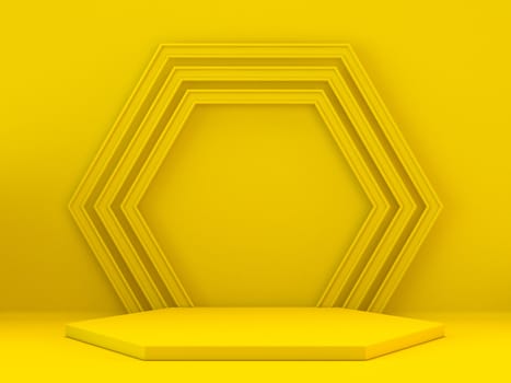 Hexagonal yellow podium 3D render illustration on yellow background