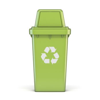 Green plastic recycle bin 3D render illustration isolated on white background