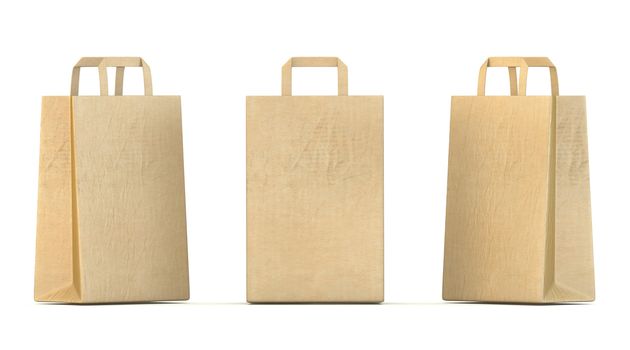 Three shopping paper bags 3D rendering illustration isolated on white background