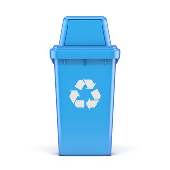 Blue plastic recycle bin 3D render illustration isolated on white background