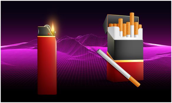 pack of cigarettes with light box on abstract wave background