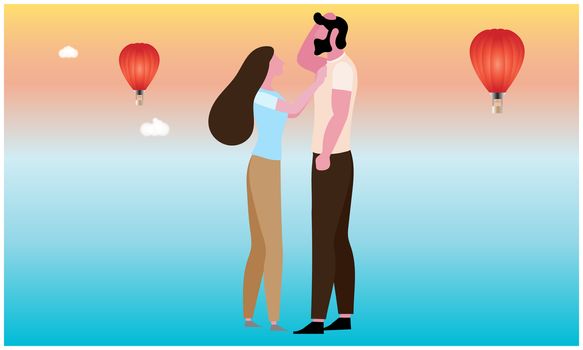 couple loving each other in flying hot air balloon view