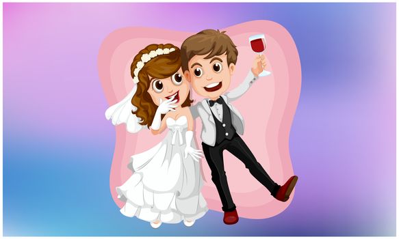 wedding couple celebrating with drink on abstract love background