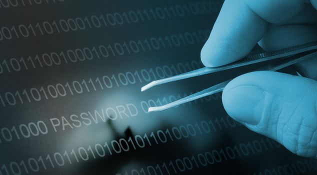 Binary code, password vulnerability taking out with tweezers, selective focus