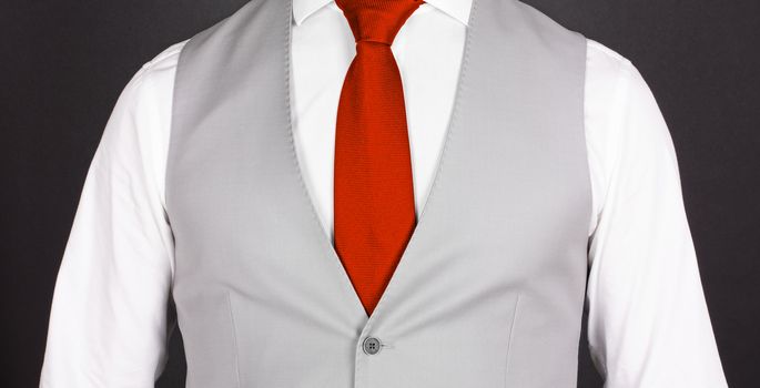 Man in a grey suit with red tie, close-up