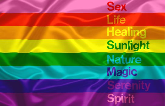 the Gay Pride flag composed of the eight colors of the rainbow. Each color represents a feeling: sex, life, healing, sunlight, nature, magic / arts, serenity and spirit