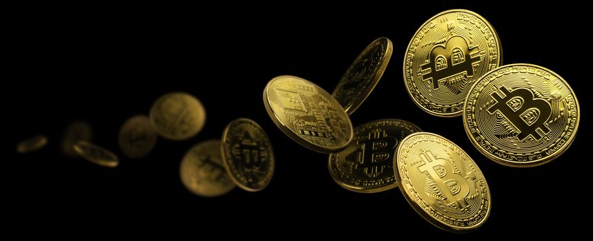 Gold coin Bitcoin levitates on a black background.