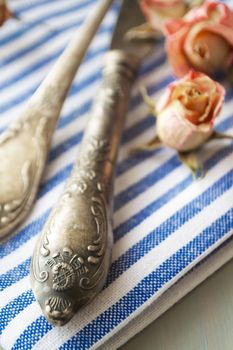 Spring shabby chic table setting on mint wooden background, vintage silver and dry roses, vertical image