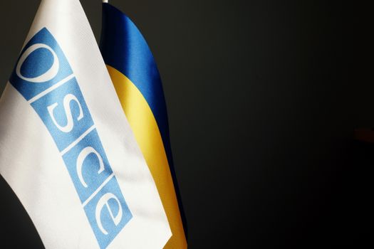 OSCE and Ukrainian flags in the dark.